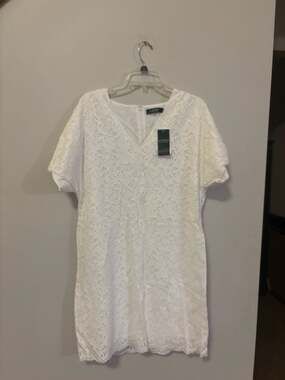 Lauren Ralph Lauren White Eyelet Flutter Sleeve V-Neck Cotton Shift Dress